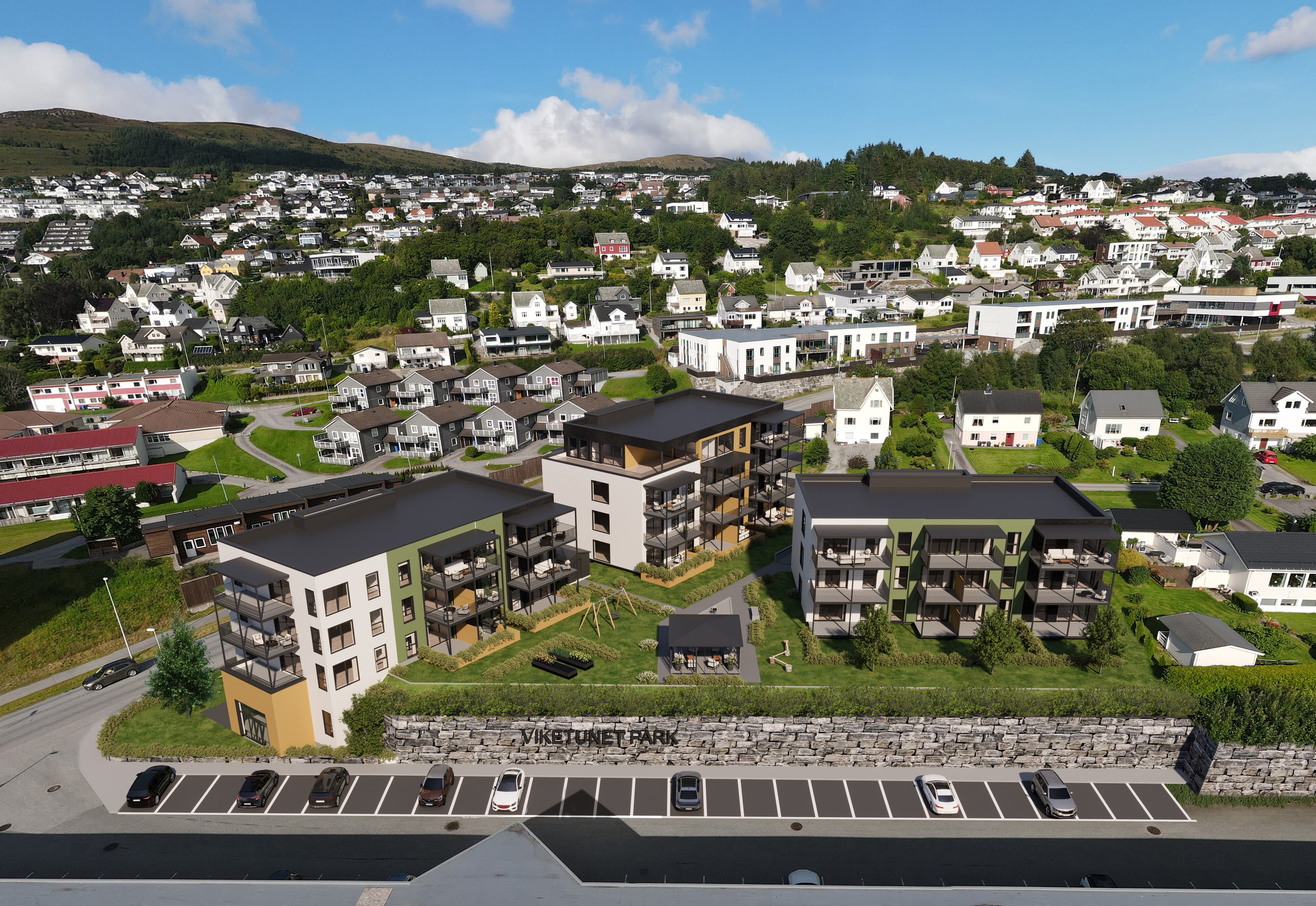 Illustrasjon av Viketunet Park og Ulsteinvik sett ovanfrå
