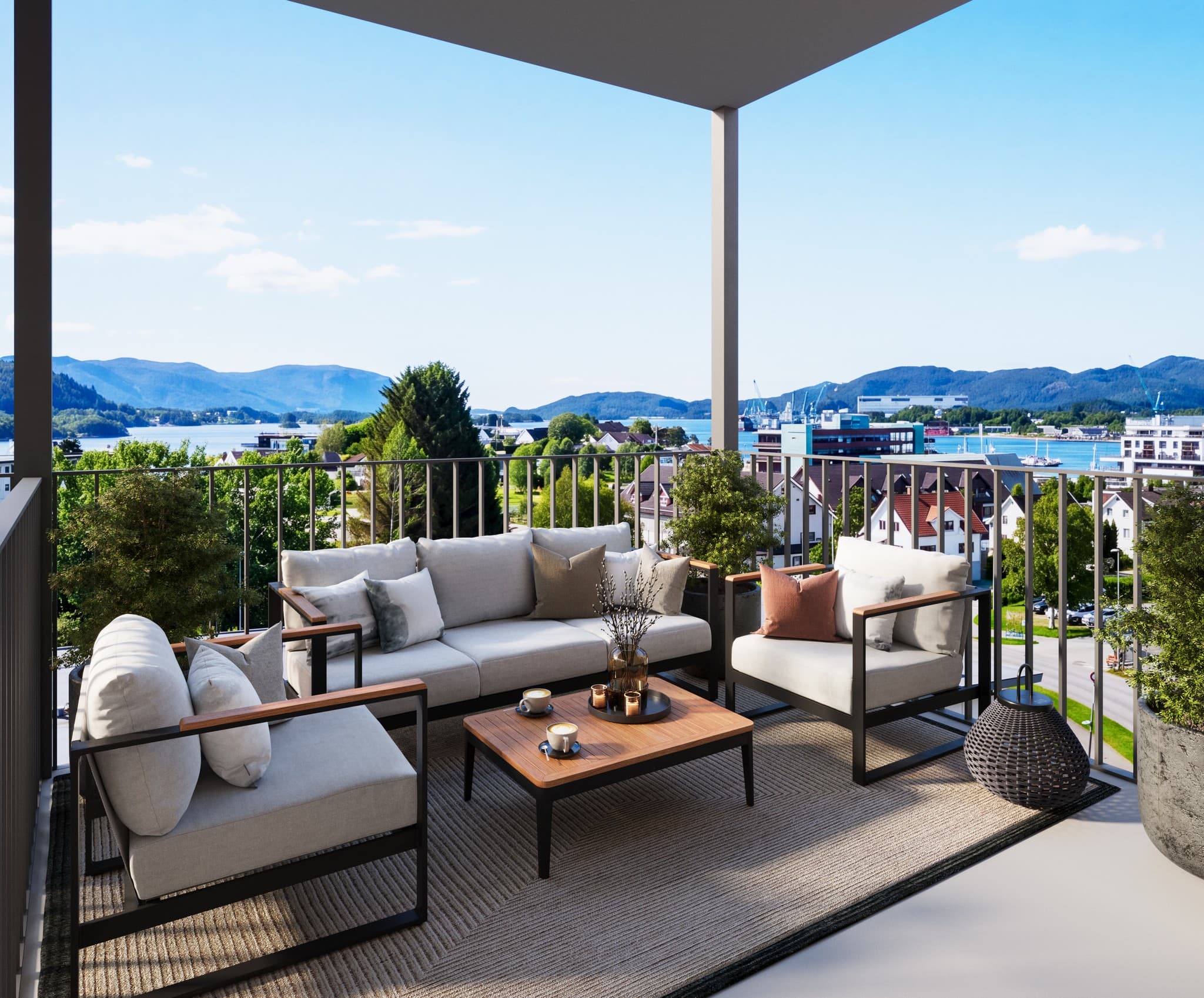 Illustrasjon av ein balkong i Viketunet Park med utsikt mot Ulsteinvik